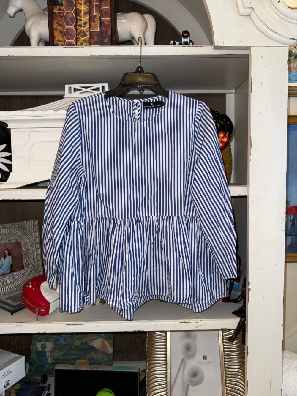 Pomander Place Medium M blue striped top ruffle bottom peplum blouse - Picture 2 of 5